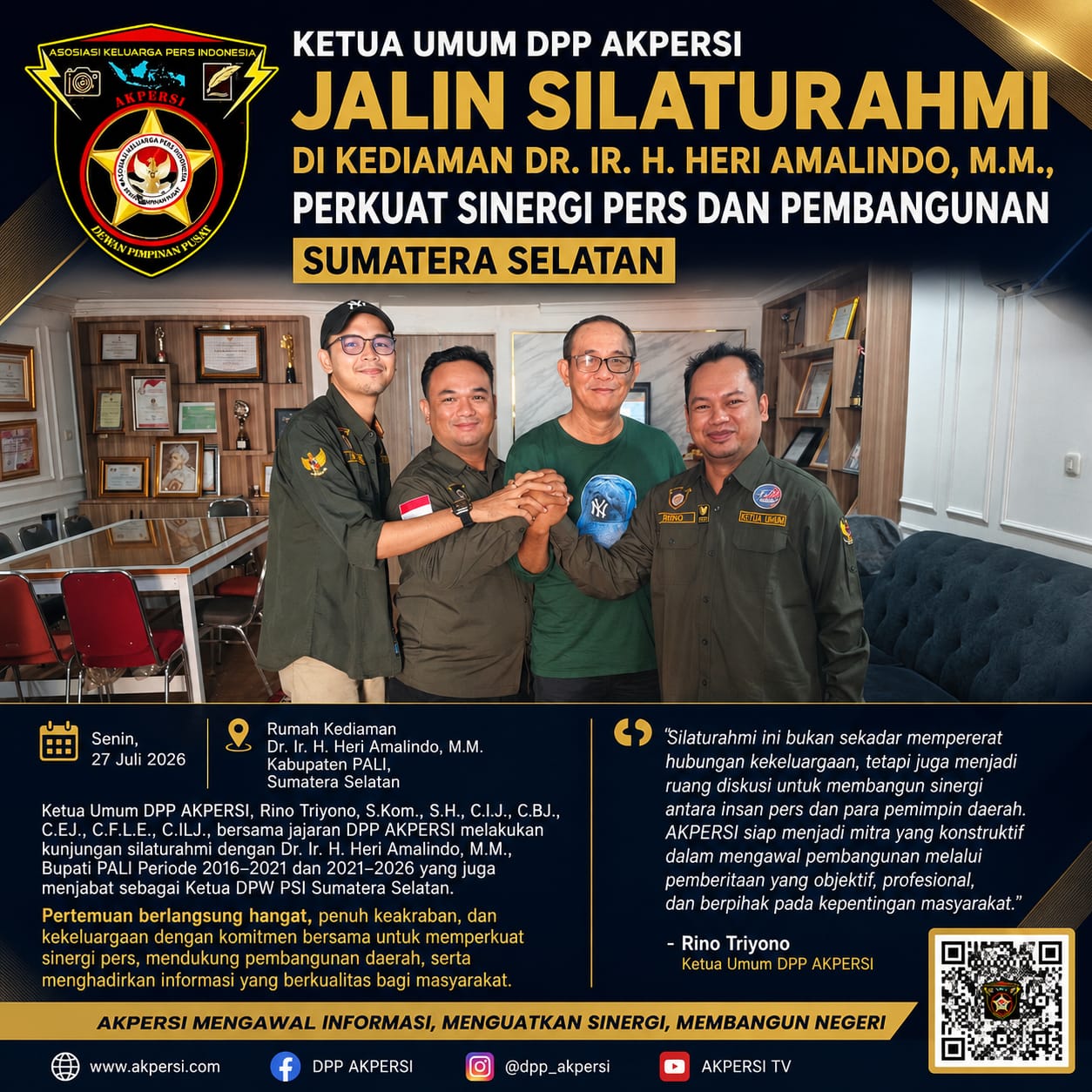 Ketua Umum DPP AKPERSI Jalin Silaturahmi di Kediaman Dr. Ir. H. Heri Amalindo, M.M., Perkuat Sinergi Pers dan Pembangunan Sumatera Selatan